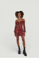 Mini Boy Askılı Tül Kol Rusty Elbise Kahve
