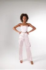 Yüksek Bel Kargo Cep Saten Maddy Pantolon Pudra