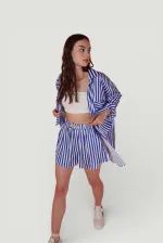 Yumuşak Dokulu Çizgili Saten Mini Mellow Şort Lacivert