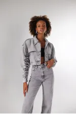 Crop Style Buttoned Crespo Jacket Grey