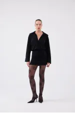 Jaida Dress with Gathered Hem and Shirt Collar, Black