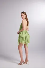 Fırfır Detaylı Bel Dekolteli Şifon Capri Elbise Yeşil