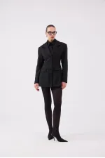 Belden Oturmalı Çizgili Fit Kesim Karen Blazer Ceket Siyah