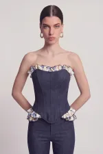 Venus Bustier with Ruffle Detail and Jean-Look Design, Navy Blue Venus Bustier with Ruffle Detail and Jean-Look Design, Navy Blue