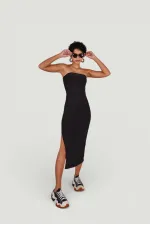 Strapless Midi Bodycorn Dress with Slit, Black