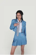 Veste en cuir bleue style universitaire