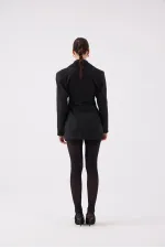 Belden Oturmalı Çizgili Fit Kesim Karen Blazer Ceket Siyah