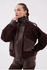 Lina Suede Jacket with Stand-Up Collar and Leather Details, Brown
