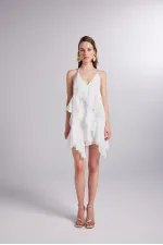 White Chiffon Capri Dress with Ruffle Detail and Waistline