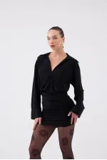 Jaida Dress with Gathered Hem and Shirt Collar, Black