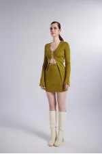 İspanyol Kollu İp Detaylı Fels Triko Hırka Yeşil