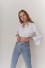Kadın Beyaz Uzun Kol Düğmeli Crop Plank Gömlek