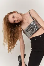 Straplez Askılı Glammy Crop Gümüş