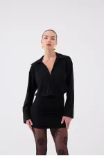 Jaida Dress with Gathered Hem and Shirt Collar, Black