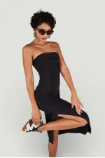 Strapless Midi Bodycorn Dress with Slit, Black