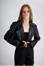 Women's Black Jacket with Collar, Crop Zip and Snap Button Petter Leather Jacket