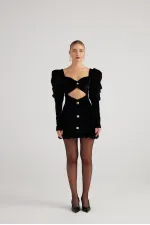 Robe courte Raquel en velours noir à manches pastèque