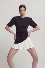 Demie T-shirt with Gathered Detail and Padded Shoulders, Black Demie T-shirt with Gathered Detail and Padded Shoulders, Black