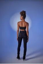 Yüksek Bel Paça Fermuarlı Likralı Split Jean Pantolon Siyah