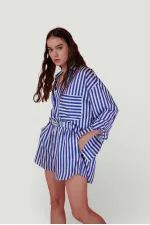 Yumuşak Dokulu Çizgili Saten Mini Mellow Şort Lacivert