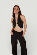 Cotton Fabric Belted Loose Fit Rise Trousers Black