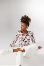 Kadın Kahverengi Damalı Düğme Kapamalı Pierre Bluz