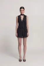 Short Nina en dentelle plissée taille haute, noir