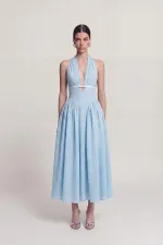 Robe Zayla à pois, dos nu et poches, bleue