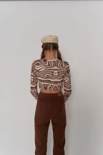 Crop Style Button-Closure Long-Sleeve Lufo Blouse Brown