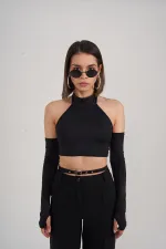 Crop Model Kol Detaylı Pretty Bluz Siyah