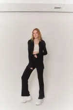 Women's Black Button-Down Oversize Loose Knit Cardigan and Pants Yordle Set