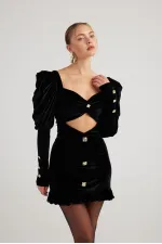 Robe courte Raquel en velours noir à manches pastèque