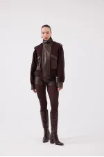 Lina Suede Jacket with Stand-Up Collar and Leather Details, Brown