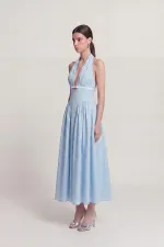 Robe Zayla à pois, dos nu et poches, bleue