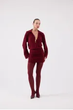Jaida Dress with Gathered Hem and Shirt Collar, Burgundy