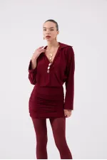 Jaida Dress with Gathered Hem and Shirt Collar, Burgundy
