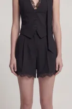 Short Nina en dentelle plissée taille haute, noir
