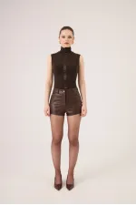 Chemisier sans manches à col roulé Layla en cachemire marron