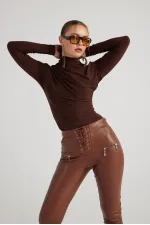 Pantalon en cuir marron Gina
