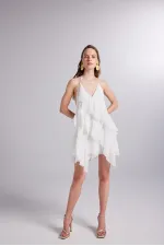 White Chiffon Capri Dress with Ruffle Detail and Waistline