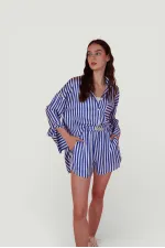 Yumuşak Dokulu Çizgili Saten Mini Mellow Şort Lacivert