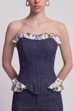 Venus Bustier with Ruffle Detail and Jean-Look Design, Navy Blue Venus Bustier with Ruffle Detail and Jean-Look Design, Navy Blue