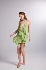 Fırfır Detaylı Bel Dekolteli Şifon Capri Elbise Yeşil