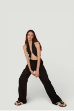 Cotton Fabric Belted Loose Fit Rise Trousers Black