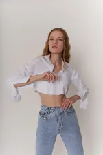 Kadın Beyaz Uzun Kol Düğmeli Crop Plank Gömlek