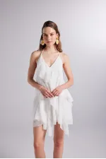 White Chiffon Capri Dress with Ruffle Detail and Waistline