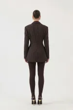 Belden Oturmalı Çizgili Fit Kesim Karen Blazer Ceket Kahve