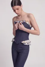 Venus Bustier with Ruffle Detail and Jean-Look Design, Navy Blue Venus Bustier with Ruffle Detail and Jean-Look Design, Navy Blue