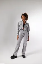 Crop Style Buttoned Crespo Jacket Grey