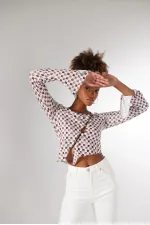 Kadın Kahverengi Damalı Düğme Kapamalı Pierre Bluz